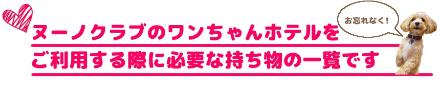 ヌーノクラブの犬・ワンちゃんペットホテルをご利用する際に必要な持ち物は、狂犬病・ワクチン接種証明書、ごはん、キャリーになります。
